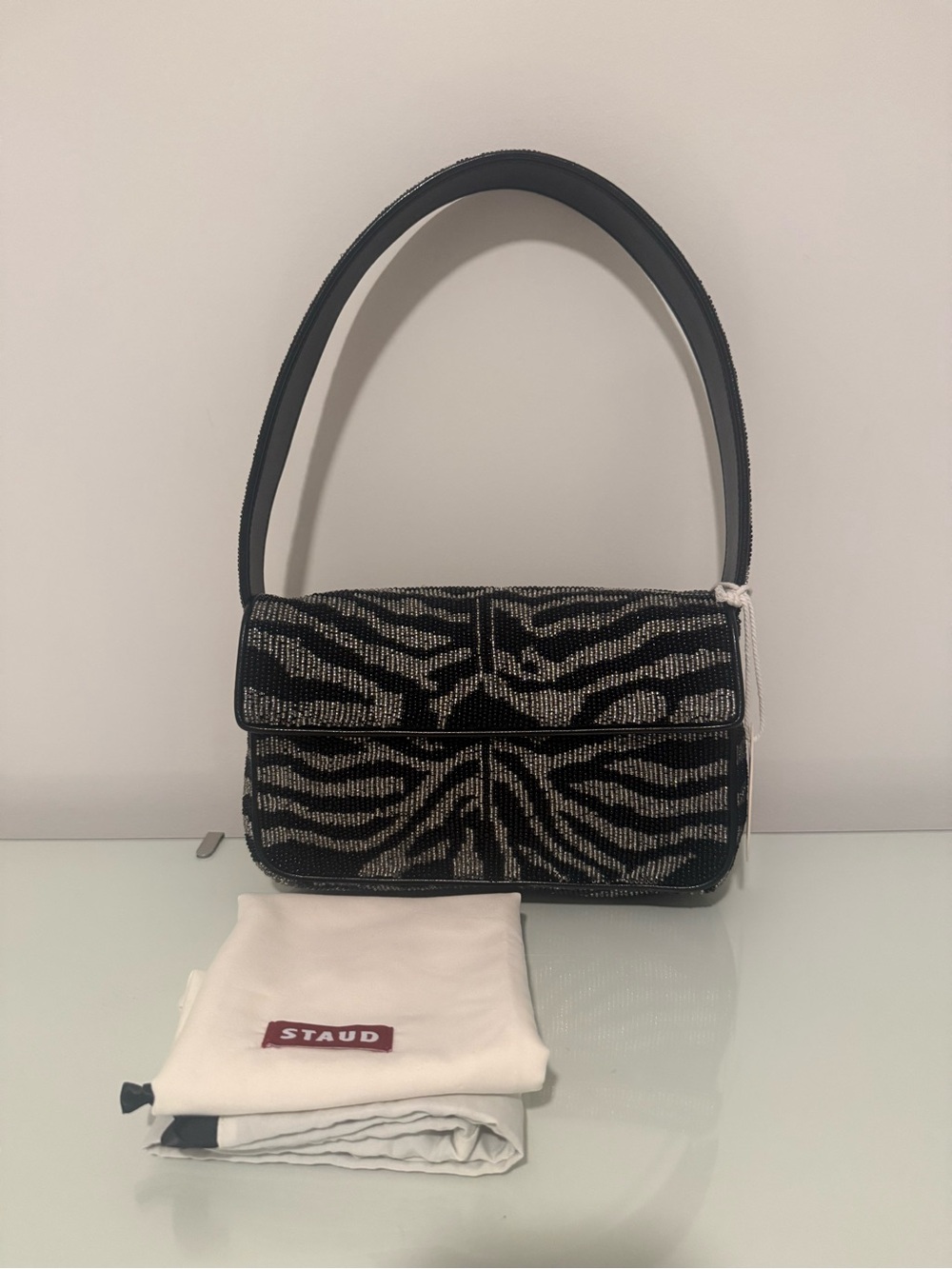 NWT STAUD Tommy Bag- Black & Silver Zebra Beaded Shoulder Bag